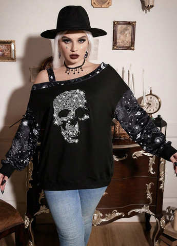 Черный свитшот SHEIN череп стразы (331035125)