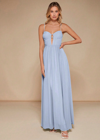 Светло-голубое праздничный, вечернее платье а-силуэт, с корсетом, платье-водолазка, с открытой спиной SHEIN однотонное