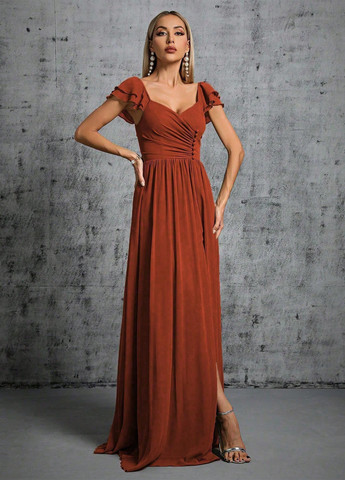 Терракотовое вечернее платье клеш, с открытой спиной SHEIN однотонное