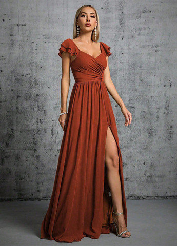 Терракотовое вечернее платье клеш, с открытой спиной SHEIN однотонное