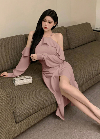 Пудрова кежуал сукня на запах, з відкритими плечима SHEIN однотонна