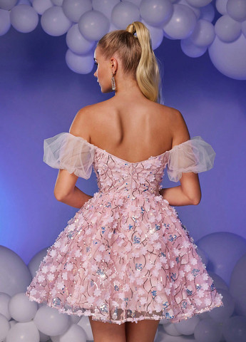 Розовое праздничный, коктейльное платье бэби долл, с открытыми плечами SHEIN однотонное