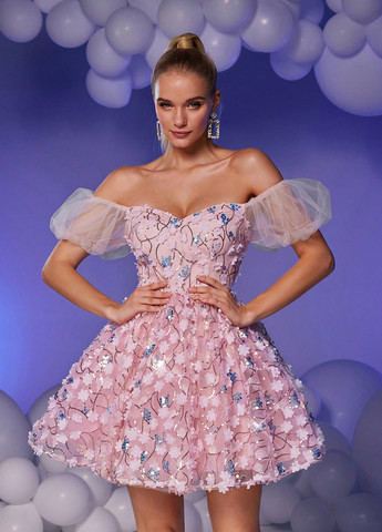 Розовое праздничный, коктейльное платье бэби долл, с открытыми плечами SHEIN однотонное