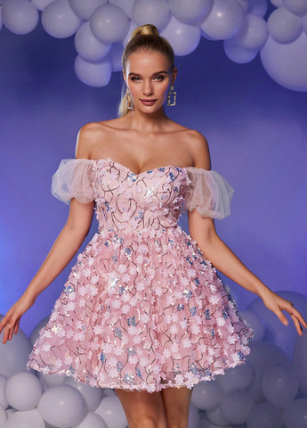 Розовое праздничный, коктейльное платье бэби долл, с открытыми плечами SHEIN однотонное