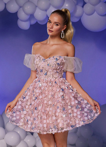 Розовое праздничный, коктейльное платье бэби долл, с открытыми плечами SHEIN однотонное