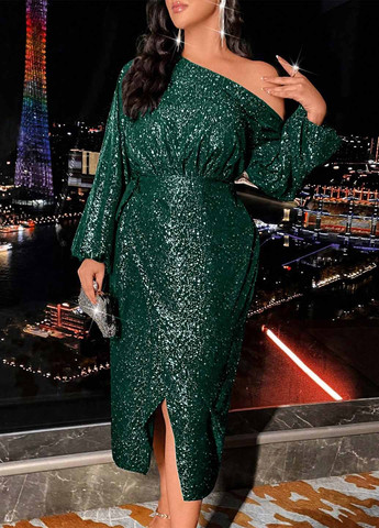 Темно-зеленое праздничный, вечернее платье на запах, футляр SHEIN однотонное