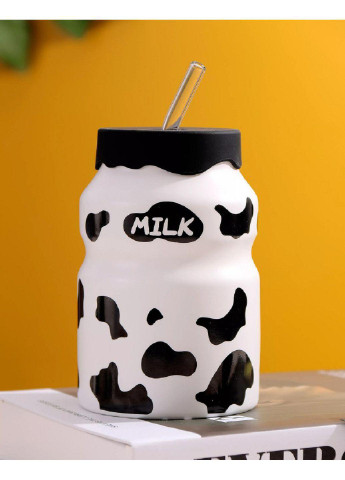 Чашка керамическая с силиконовой крышкой и стеклянной трубочкой "Milk" 500 мл бело-черная (66-6978-3) No Brand (254035550)