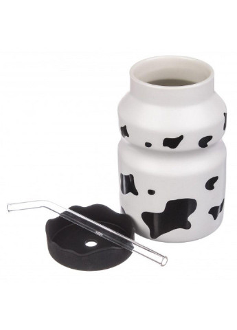 Чашка керамічна з силіконовой кришкою та скляной трубочкой "Milk" 500 мл, біло-чорна (66-6978-3) No Brand (254035550)