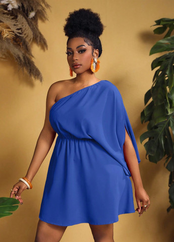 Синя кежуал, коктейльна сукня на одне плече SHEIN однотонна