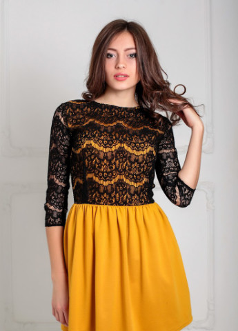 Горчичное кэжуал очаровательное нарядное платье с пышной юбкой и верхом из гипюра gledis Podium однотонное