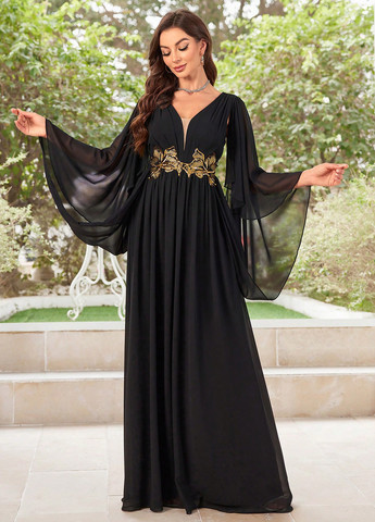 Черное вечернее платье клеш, в стиле ампир SHEIN однотонное