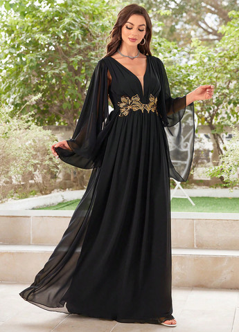 Черное вечернее платье клеш, в стиле ампир SHEIN однотонное