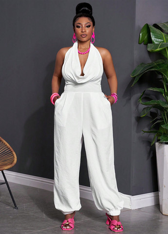 Комбінезон SHEIN комбінезон-брюки однотонний білий вечірній, кежуал поліестер