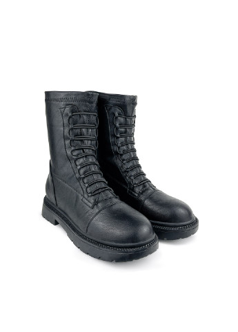 Високі жіночі черевики на шнурках чорні шкіра стрейчові Fashion (251198621)