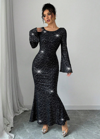 Чорна вечірня сукня годе, з відкритою спиною SHEIN з візерунком "перець з сіллю"