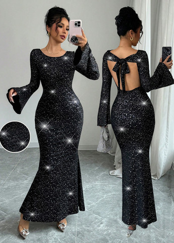 Чорна вечірня сукня годе, з відкритою спиною SHEIN з візерунком "перець з сіллю"