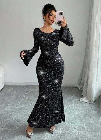 Чорна вечірня сукня годе, з відкритою спиною SHEIN з візерунком "перець з сіллю"