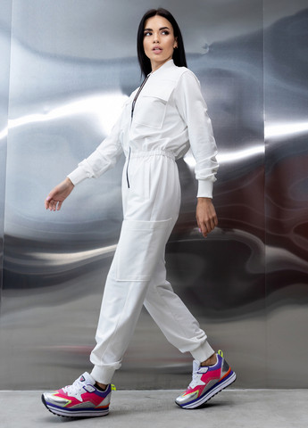 Хлопковый комбинезон с поясом и молнией TOTALFIT комбинезон-брюки однотонный белый кэжуал, спортивный двунитка, хлопок