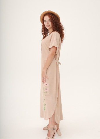 Бежевое кэжуал длинное льняное платье с вышивкой "ромашки" INNOE