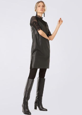 Черное кэжуал платье мини из эко-кожи, черное а-силуэт Egostyle однотонное