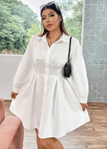 Белое кэжуал платье клеш, рубашка SHEIN однотонное