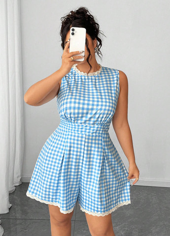 Комбинезон SHEIN комбинезон-шорты клетка синий кэжуал полиэстер