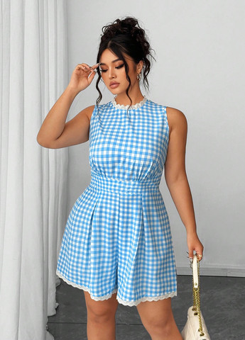 Комбинезон SHEIN комбинезон-шорты клетка синий кэжуал полиэстер