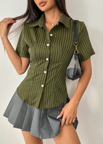 Оливковковая (хаки) классическая, кэжуал рубашка в полоску SHEIN