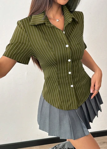 Оливковковая (хаки) классическая, кэжуал рубашка в полоску SHEIN