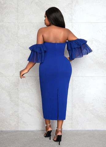 Синее вечернее платье на запах, силуэтная, с открытыми плечами, с открытой спиной SHEIN однотонное