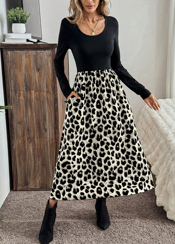 Чорна святковий, вечірня, кежуал сукня кльош, а-силует SHEIN леопардовий