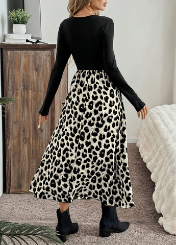 Чорна святковий, вечірня, кежуал сукня кльош, а-силует SHEIN леопардовий