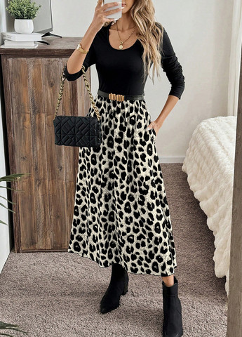 Чорна святковий, вечірня, кежуал сукня кльош, а-силует SHEIN леопардовий