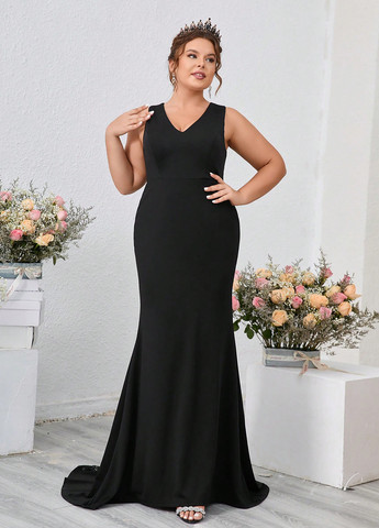 Черное праздничный, вечернее платье со шлейфом SHEIN однотонное