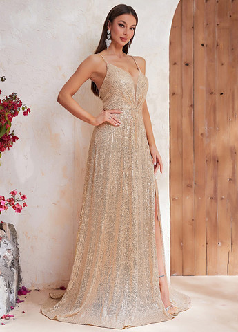 Кремовое вечернее платье клеш, с открытой спиной SHEIN однотонное