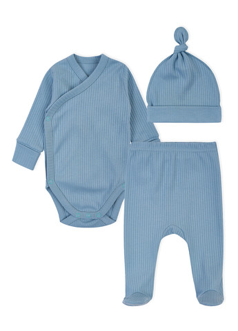 Блакитний демісезонний комплект (шапка, боді, повзунки) KRAKO