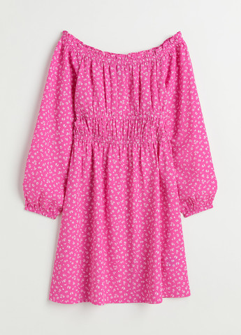 Розовое кэжуал платье с открытыми плечами H&M с цветочным принтом