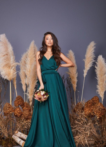 Смарагдова вечірня плаття з спідницею-сонце, а-силует, на запах JadFashion однотонна