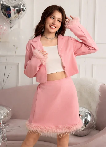 Розовый демисезонный костюм (жакет, юбка) юбочный SHEIN