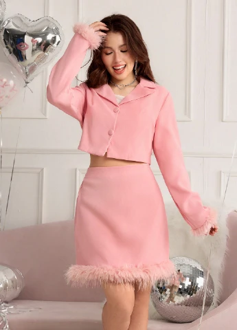 Розовый демисезонный костюм (жакет, юбка) юбочный SHEIN