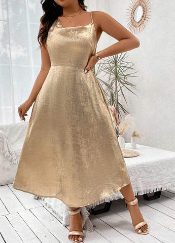 Золотий вечірня сукня кльош, з відкритою спиною SHEIN однотонна