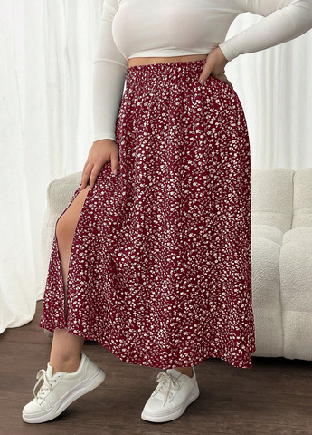 Бордовая кэжуал цветочной расцветки юбка SHEIN клешированная