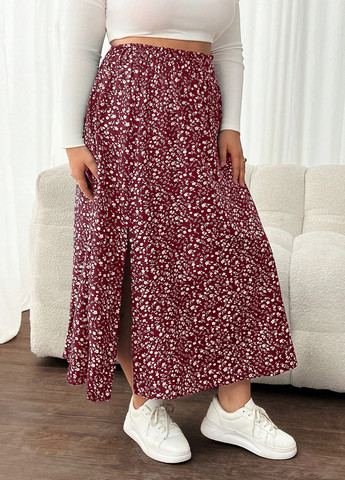 Бордовая кэжуал цветочной расцветки юбка SHEIN клешированная