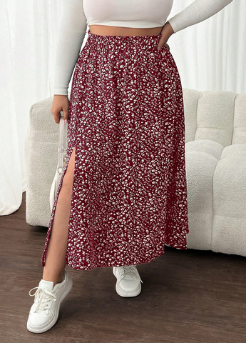 Бордовая кэжуал цветочной расцветки юбка SHEIN клешированная