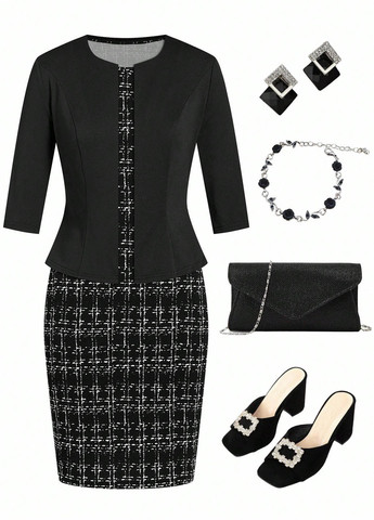 Чорно-білий демісезонний костюм (жакет, сукня) SHEIN