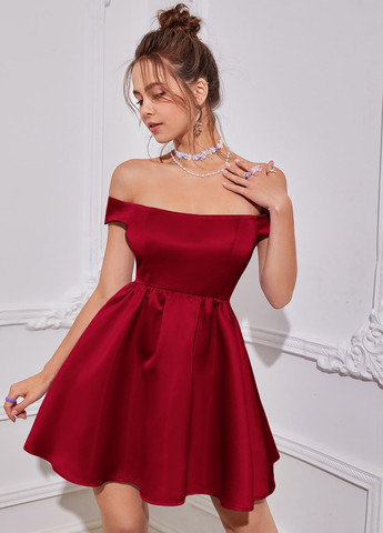 Бордовое коктейльное, вечернее платье клеш, с открытыми плечами, с открытой спиной SHEIN однотонное