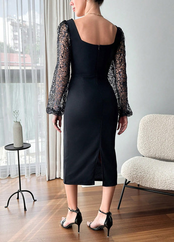 Чорна коктейльна, ділова сукня футляр, з відкритою спиною SHEIN однотонна