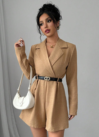 Комбинезон SHEIN комбинезон-шорты однотонный светло-бежевый кэжуал полиэстер