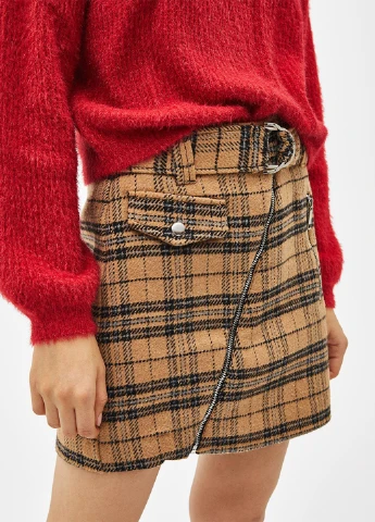 Темно-бежевая кэжуал в клетку юбка Bershka а-силуэта (трапеция)