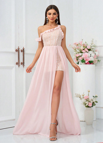 Рожева святковий, коктейльна сукня з відкритими плечима SHEIN однотонна